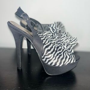 Zebra print ruffled open toe high heel sandals